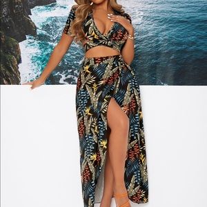 Tropical Print Tie Back Top & Split Thigh Skirt